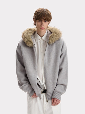 Fur Collar Hooded Knitting Cardigan Coat