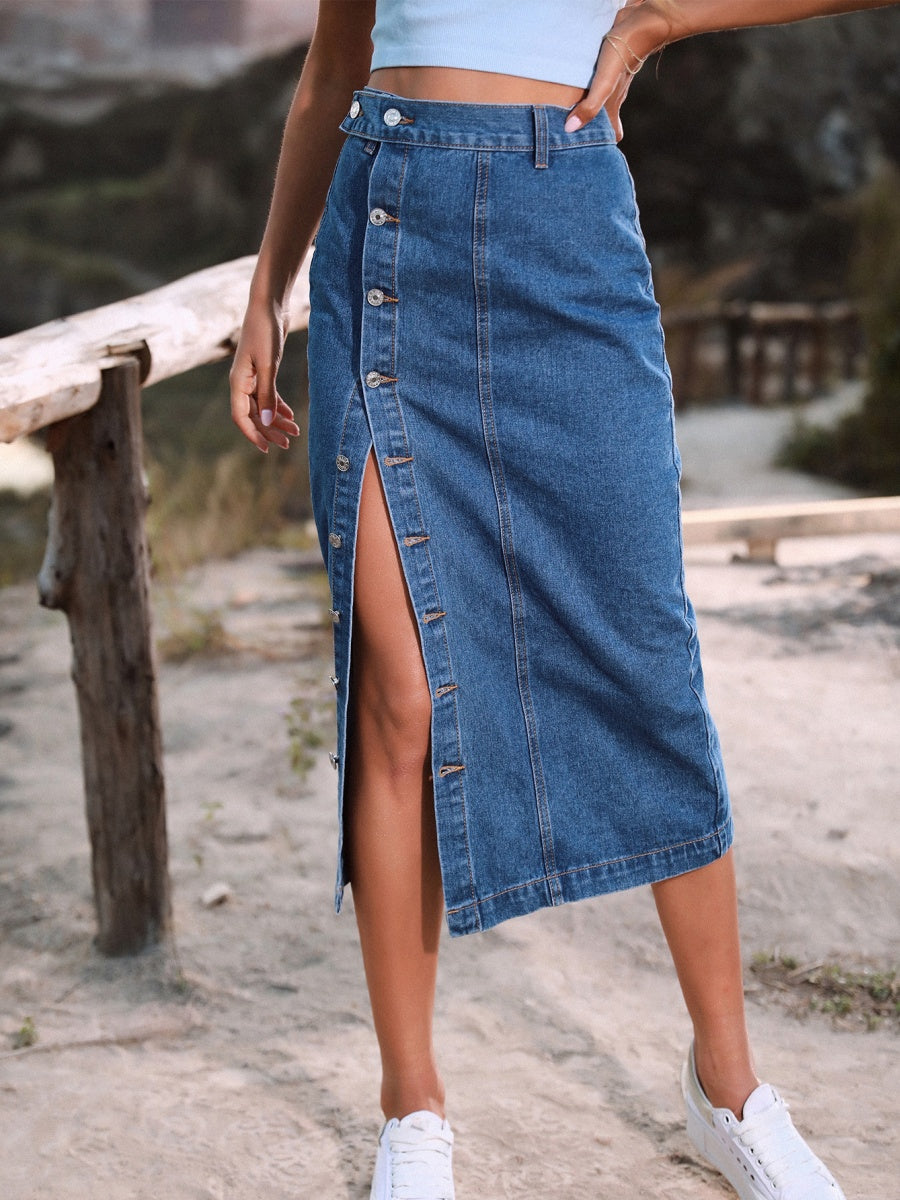 Irregular Slit Cowboy High Waist Skirts