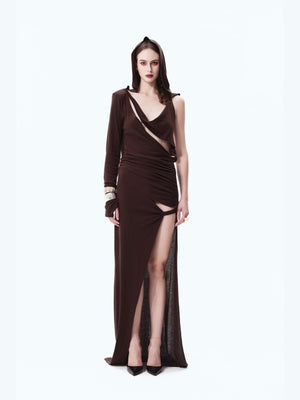 Padded-shoulder Hooded Slit Maxi Skirt