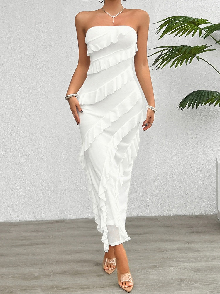 Hip Slim Fit Ruffle Solid Color Strapless Top Maxi Dresses