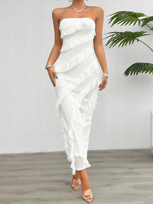 Hip Slim Fit Ruffle Solid Color Strapless Top Maxi Dresses