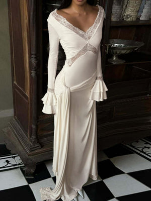Women's Lace stitching V-neck Maxi Dresses