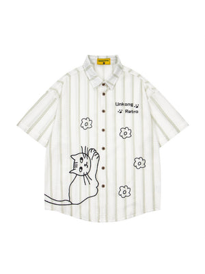Cartoon Kitten Embroidery Vertical Stripe Loose-fit Vibe Breathable Shirts