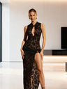 Lace-trimmed, High-slit, Sleeveless Long Dress