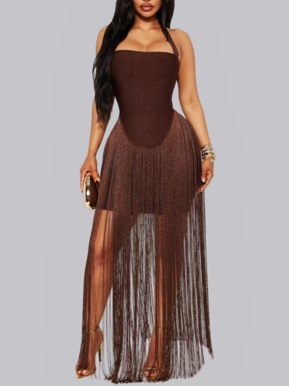 Strapless Neckband Tassel Hip Wrap Maxi Dresses