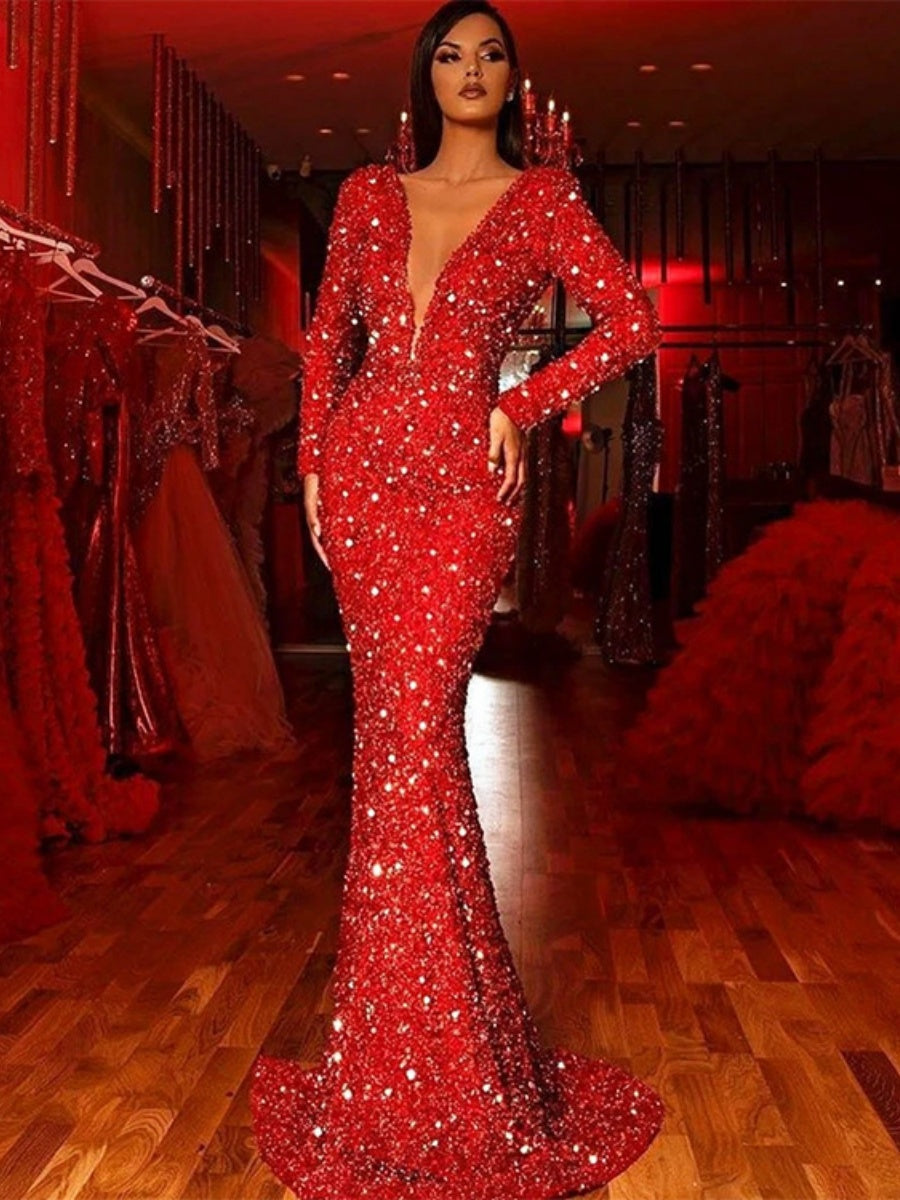 Maxikleider mit V-Ausschnitt, langen Ärmeln, Glitzer und Meerjungfrauensaum