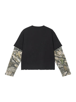 Retro Camouflage Layered-look Cropped Loose-fit T-shirts