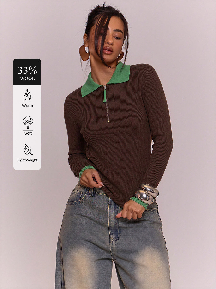 Wool Blend Color-blocked Half-zip Stand Collar Ribbed Pullover Sweater
