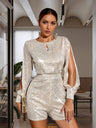 Fitted Long-sleeved Sequined Jumpsuit With Slits