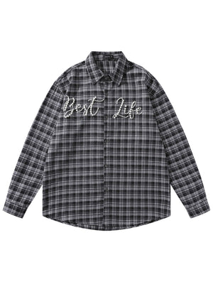 Liber Autumn Neutral wear Beading Plaid Shirts