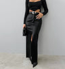 Slit Solid Color High Waist Simple Leather Slim Fit Midi Skirt