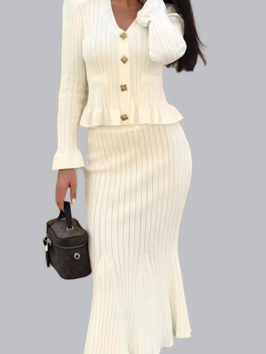 Waist Flared Sleeves Knitted Top Fishtail Skirt Workplace 2-piece Sets
