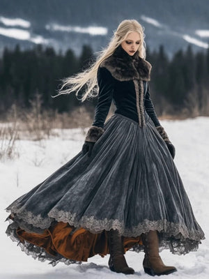 Velvet Navy Western Prints Fur Collar Flannel Thickened Long Dress