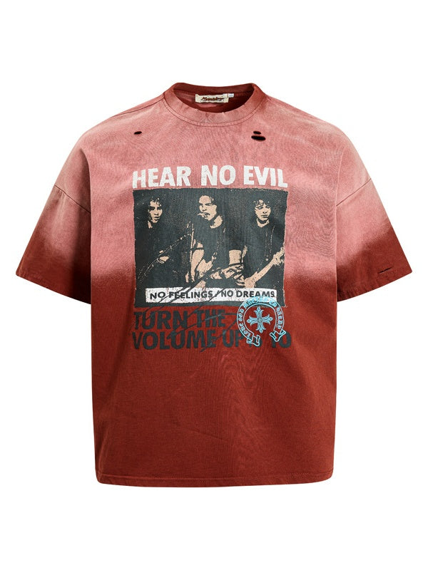 Washed Distressed Figure Printed Loose-fit Hole T-shirts