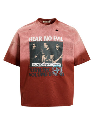 Washed Distressed Figure Printed Loose-fit Hole T-shirts