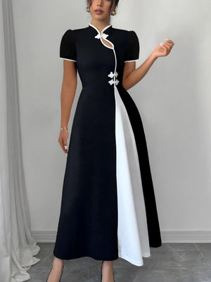 Long Dress With Puff Sleeves And Contrasting Chinese Knot Buttons