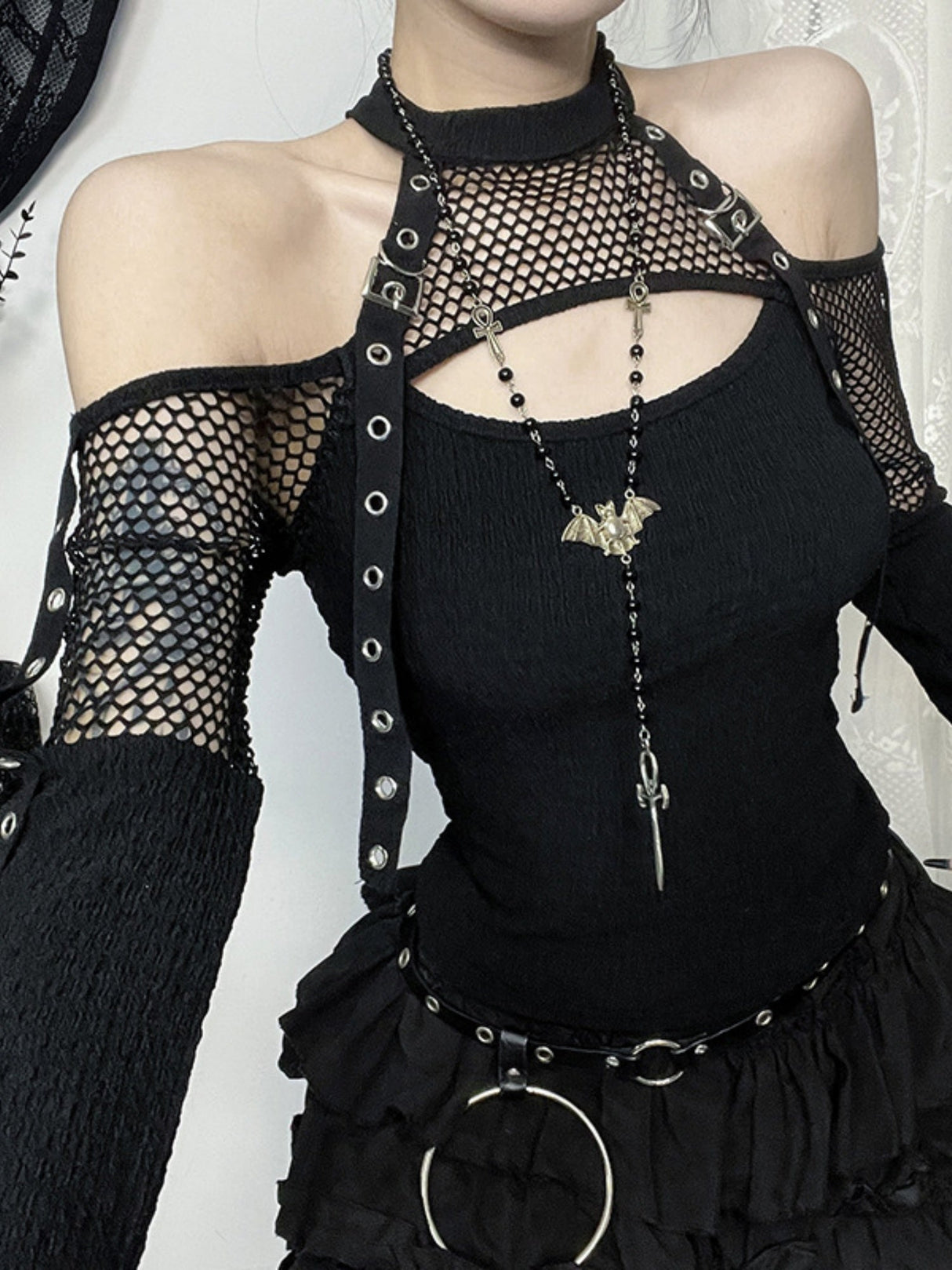 Y2K Hollow Out Off-shoulder Grid Splicing Long-sleeved T-shirt