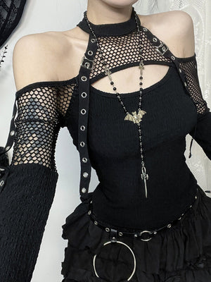 Y2K Hollow Out Off-shoulder Grid Splicing Long-sleeved T-shirt