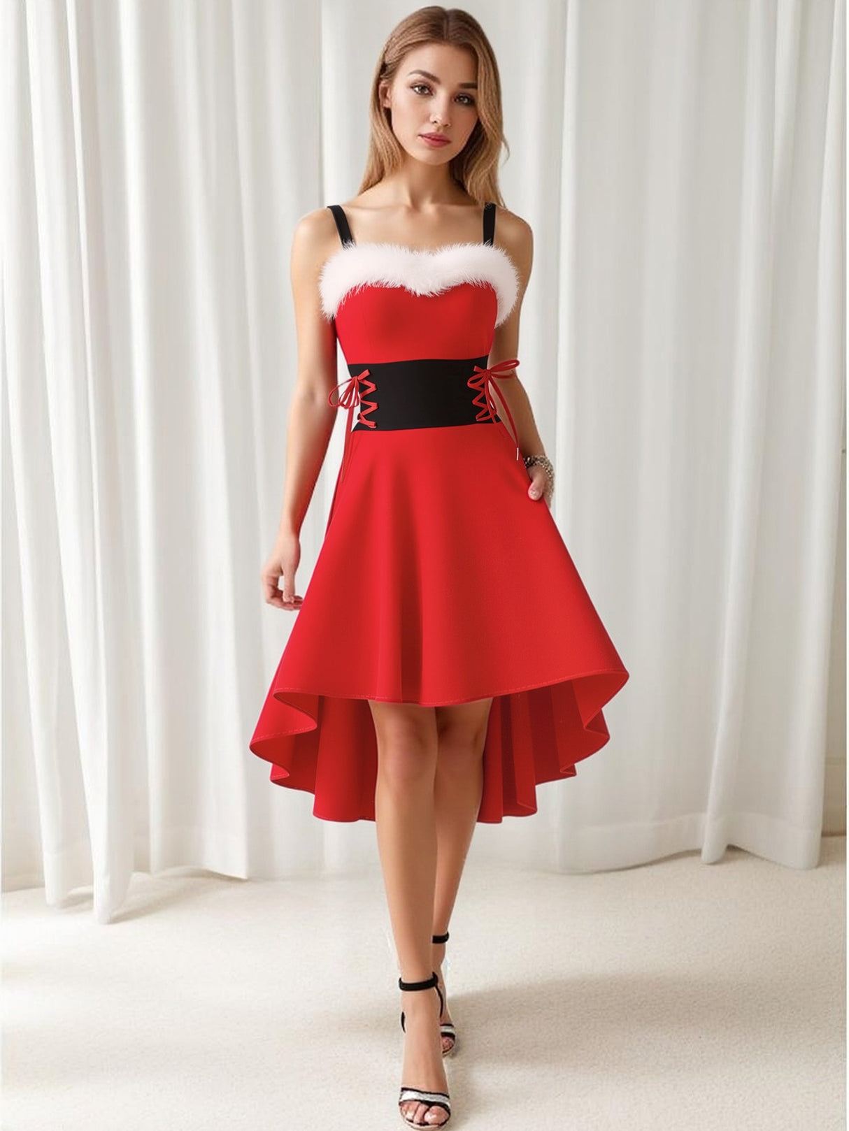 Christmas Parties Bunny Girl Fur Collar Off-shoulder Bow Slip Dress