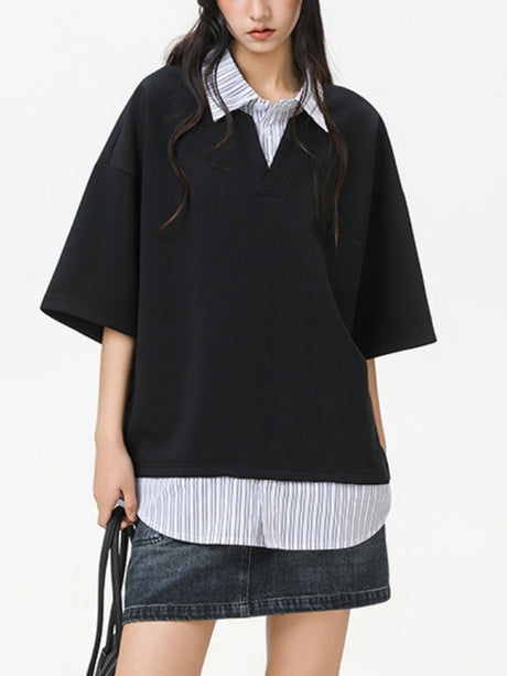 V-shaped Layered-look Patchwork Shirts