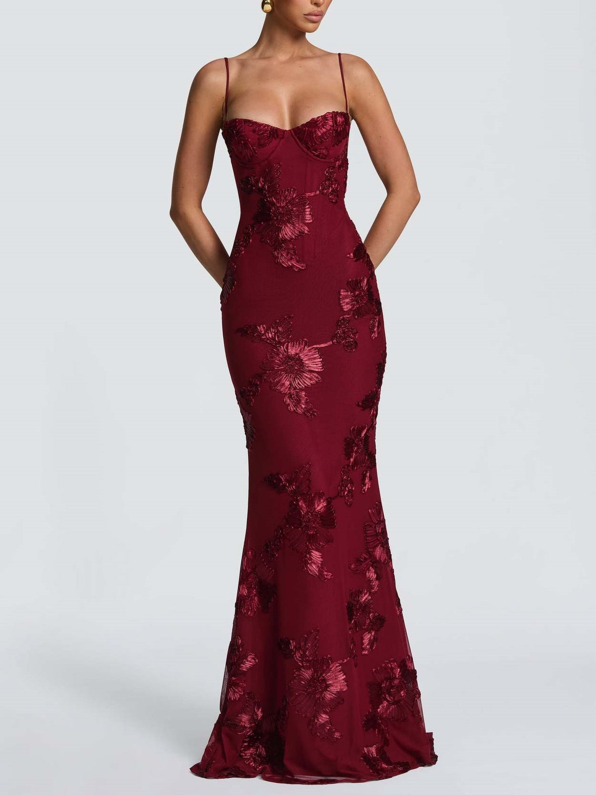 3D Embroidered Backless Cross-Strap Spaghetti Strap Long Dress