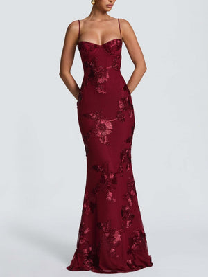 3D Embroidered Backless Cross-Strap Spaghetti Strap Long Dress