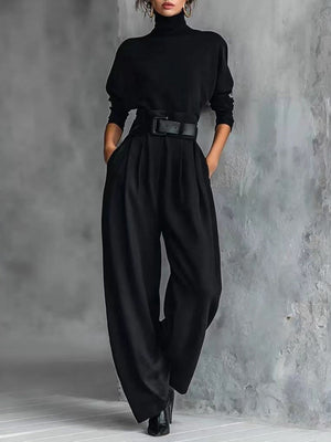 Turtleneck Long Sleeve Jacket High Waist With Belt Pants Set