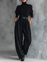 Turtleneck Long Sleeve Jacket High Waist With Belt Pants Set