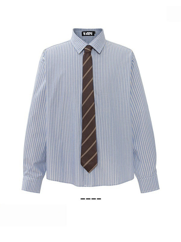 College Style Blue And White Stripes Loose Tie Long-sleeved Shirt