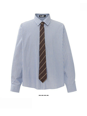 College Style Blue And White Stripes Loose Tie Long-sleeved Shirt