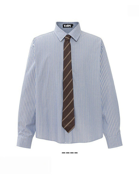 College Style Blue And White Stripes Loose Tie Long-sleeved Shirt