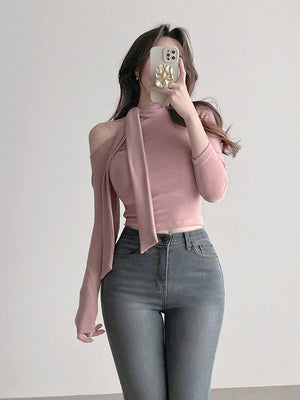 Elegant Tie-neck Fitted Long-sleeved T-shirt