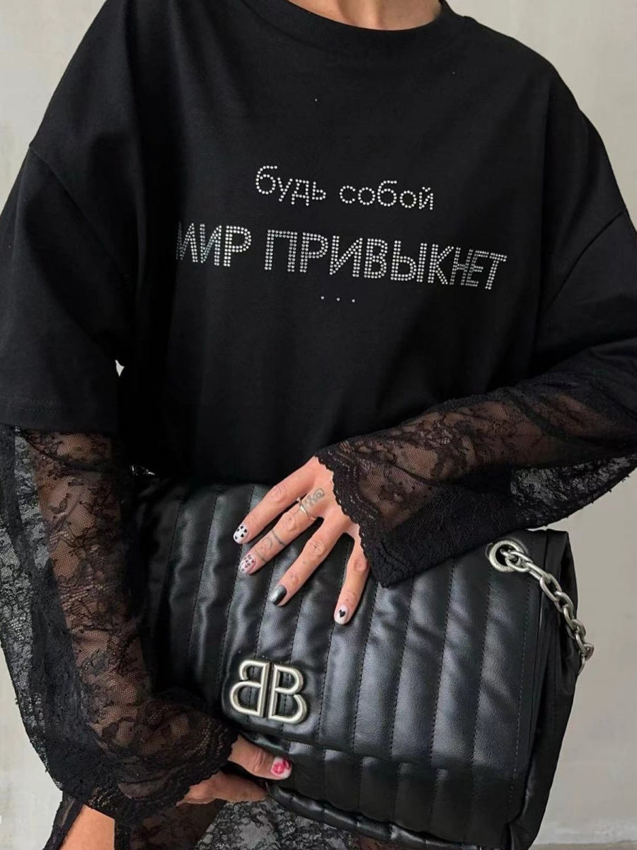Liber Autumn women's printed ovserzie hot diamond pullover T-shirt