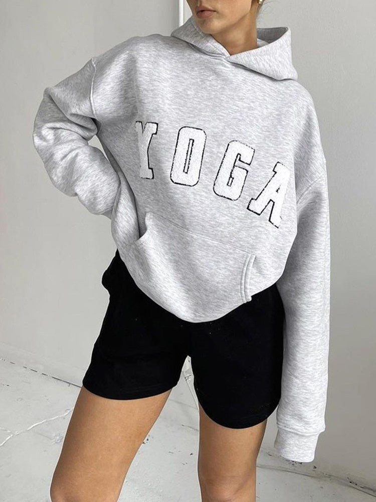 Grey Embroidered YOGA Letter Print Oversized Hooded Sweatshirt