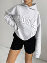 Grey Embroidered YOGA Letter Print Oversized Hooded Sweatshirt