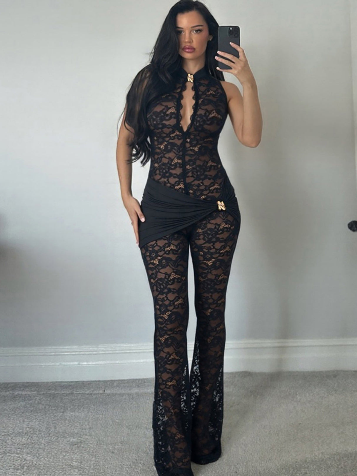 Lace Patchwork Sleeveless Sexy High-waisted Slim Fit Flares Buttons Jumpsuits&Bodysuits