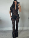 Lace Patchwork Sleeveless Sexy High-waisted Slim Fit Flares Buttons Jumpsuits&Bodysuits