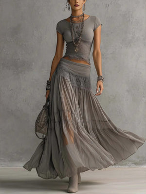 Grey Knitting Jacket Chiffon Long Skirt Set 2-piece Sets