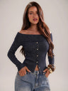 Sequined Off-shoulder Single-breasted Long-sleeved Knit Cardigan With Turned-up Hem