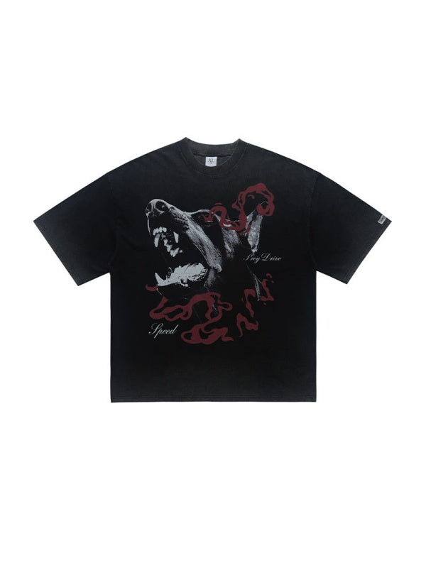 Washing Water Distressed Doberman Pinscher Printed Loose-fit T-shirts