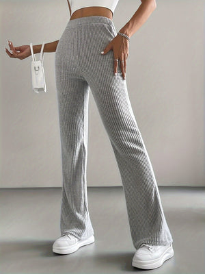 Ribbed Knit Flared Pants Solid Color Casual Pants Slim Fit Yoga Pants