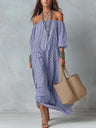 Striped Off-shoulder Loose-fitting Vacation Style Maxi Dresses