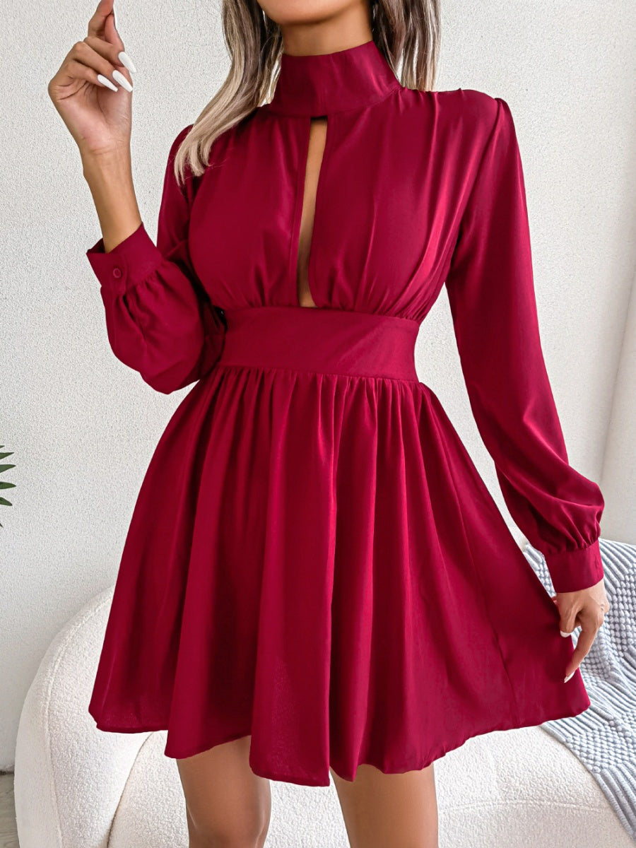 Stand Collar Hollow Waist Big Swing Mini&Short Dresses