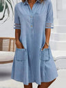 Mesh-paneled Solid Color Denim Short-sleeved Midi Dress