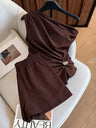 Brown Asymmetrical Off-shoulder Pleated Sleeveless Top And Shorts Two-piece Set