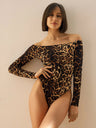 One-shoulder Collar Leopard Long Sleeve Slim Fit High Waist Bodysuits