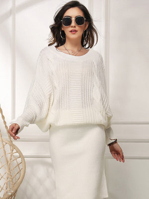 Knitting Crew Neck Loose Jacquard Long Sleeve Mini&Short Dresses