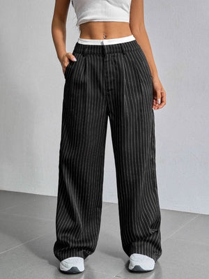 High Waist Color Matching Simplicity Drape Stripes Straight Wide Leg Pants