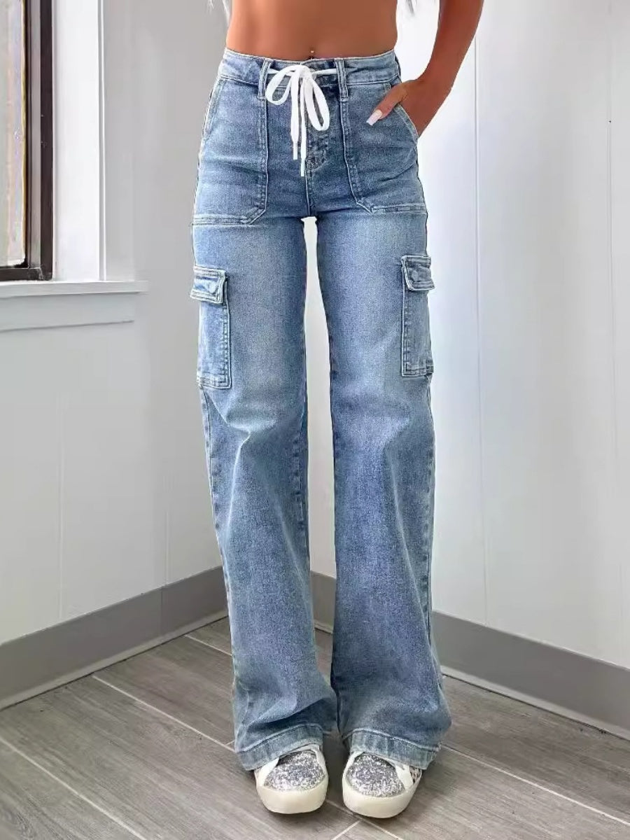 Leisure Lace Up Multiple Bags Straight Leg Jeans