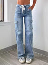 Leisure Lace Up Multiple Bags Straight Leg Jeans